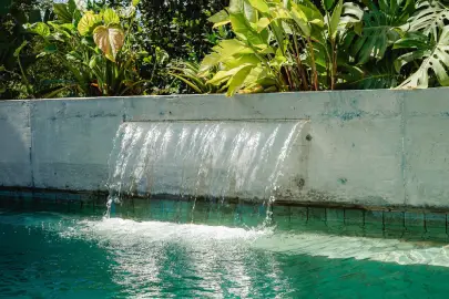 Cascada en muro de hormigón visto con cantero tropical — pileta a medida Viejobueno Tucumán